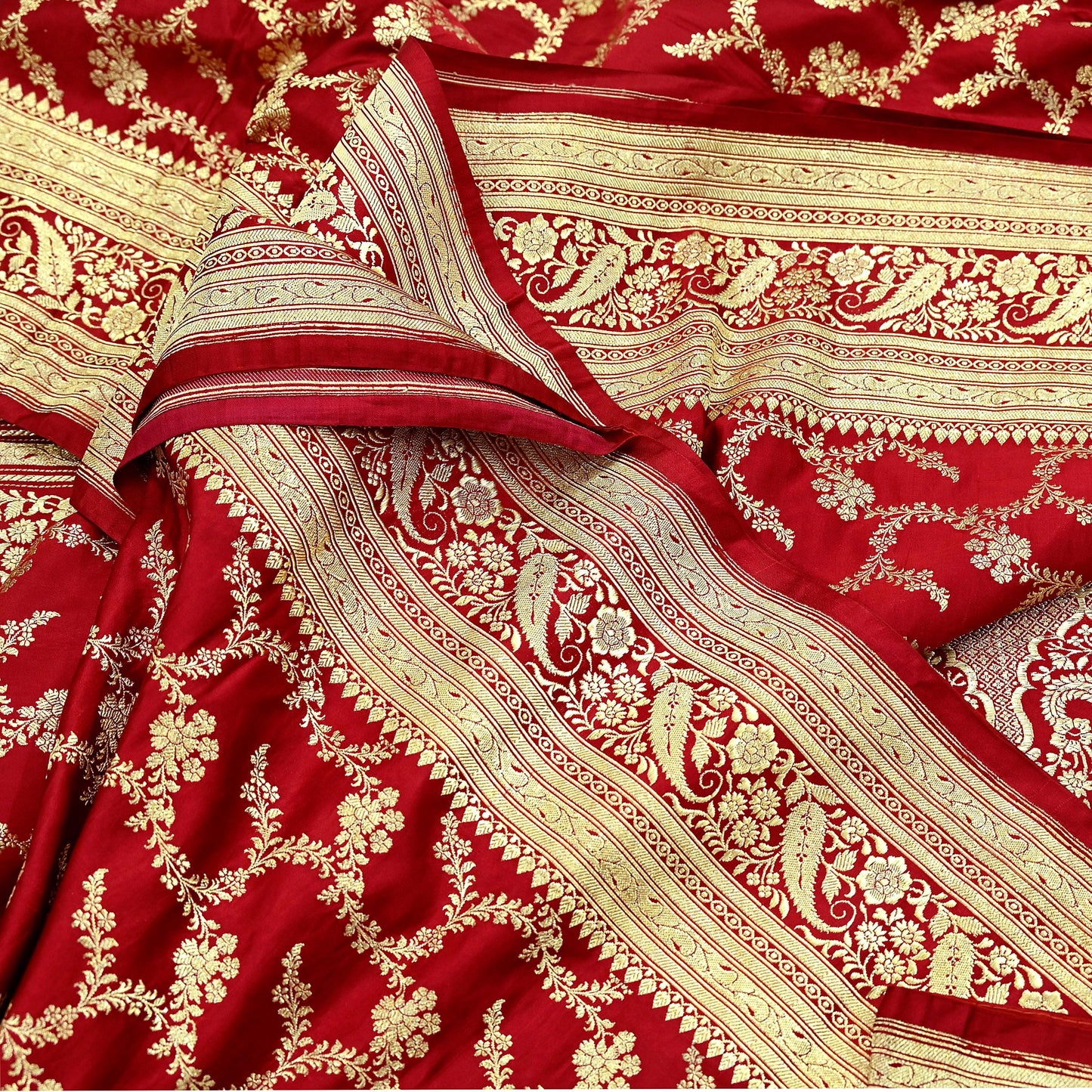 Indian Vintage Sari Red Heavy Wedding Pure Satin Silk Woven Banarasi Brocade Saree Zari 5Yd Craft Fabric Ethnic Dress making Crafting