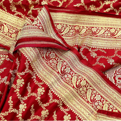Indian Vintage Sari Red Heavy Wedding Pure Satin Silk Woven Banarasi Brocade Saree Zari 5Yd Craft Fabric Ethnic Dress making Crafting