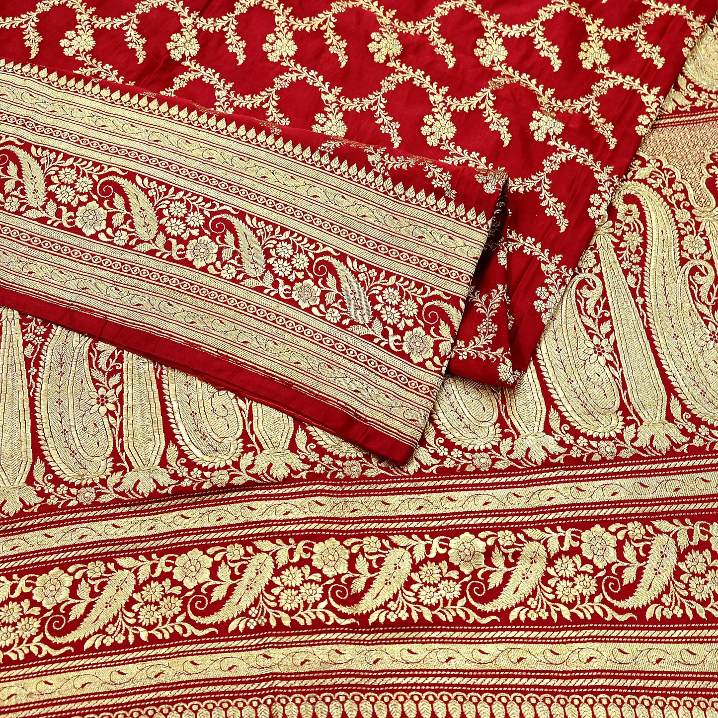 Indian Vintage Sari Red Heavy Wedding Pure Satin Silk Woven Banarasi Brocade Saree Zari 5Yd Craft Fabric Ethnic Dress making Crafting