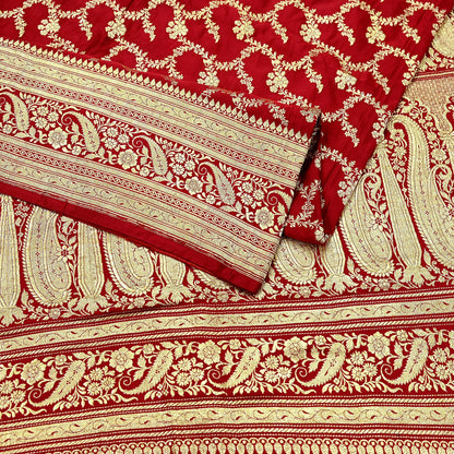 Indian Vintage Sari Red Heavy Wedding Pure Satin Silk Woven Banarasi Brocade Saree Zari 5Yd Craft Fabric Ethnic Dress making Crafting