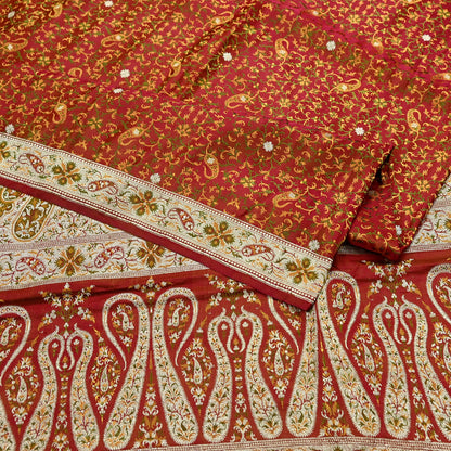 Indian Vintage Sari Maroon Heavy Wedding Pure Satin Silk Woven Banarasi Tanchoi Saree 5Yd Ethnic Craft Fabric Upcycle Bridal Heavy Sarees