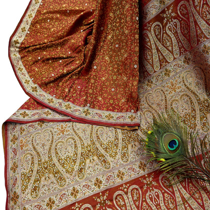 Indian Vintage Sari Maroon Heavy Wedding Pure Satin Silk Woven Banarasi Tanchoi Saree 5Yd Ethnic Craft Fabric Upcycle Bridal Heavy Sarees