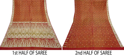 Indian Vintage Sari Maroon Heavy Wedding Pure Satin Silk Woven Banarasi Tanchoi Saree 5Yd Ethnic Craft Fabric Upcycle Bridal Heavy Sarees