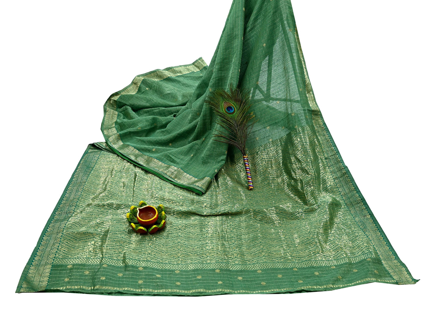 Indian Vintage Heavy Sarees Green 100% Pure Silk Hand Woven Kanjivaram Sari Craft Fabric 6Yd Ethnic Zari Fringes Dress Making Quilting