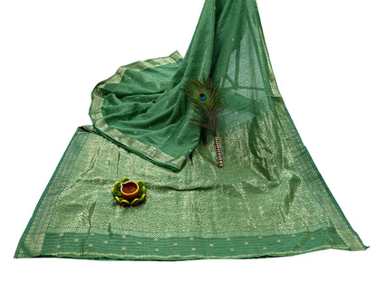 Indian Vintage Heavy Sarees Green 100% Pure Silk Hand Woven Kanjivaram Sari Craft Fabric 6Yd Ethnic Zari Fringes Dress Making Quilting