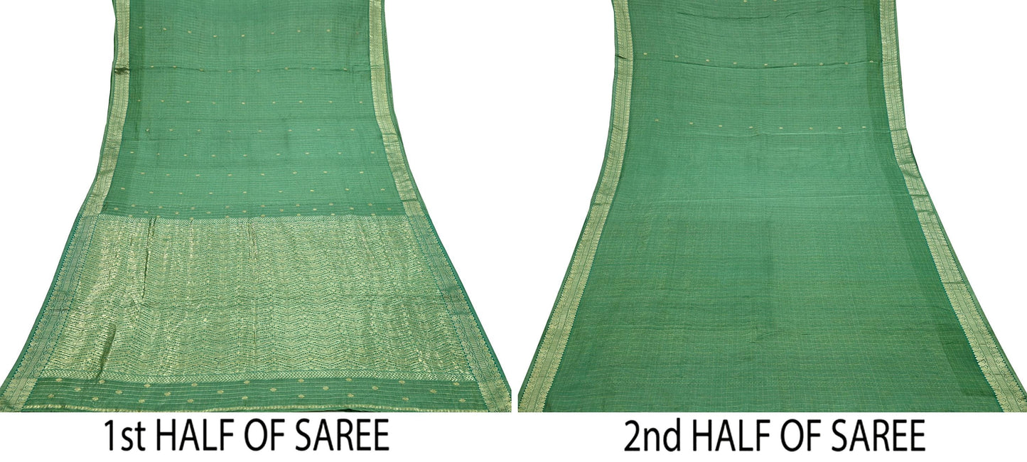 Indian Vintage Heavy Sarees Green 100% Pure Silk Hand Woven Kanjivaram Sari Craft Fabric 6Yd Ethnic Zari Fringes Dress Making Quilting