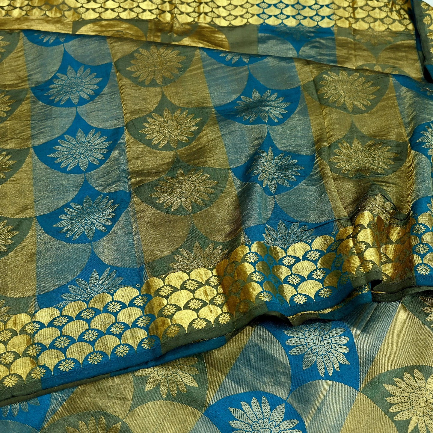Indian Vintage Heavy Sari Green & Blue Kanjivaram Saree 100% Pure Silk Zari 6Yd Crafting Dress making For Crafting Quilting Upcycle