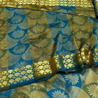 Indian Vintage Heavy Sari Green & Blue Kanjivaram Saree 100% Pure Silk Zari 6Yd Crafting Dress making For Crafting Quilting Upcycle