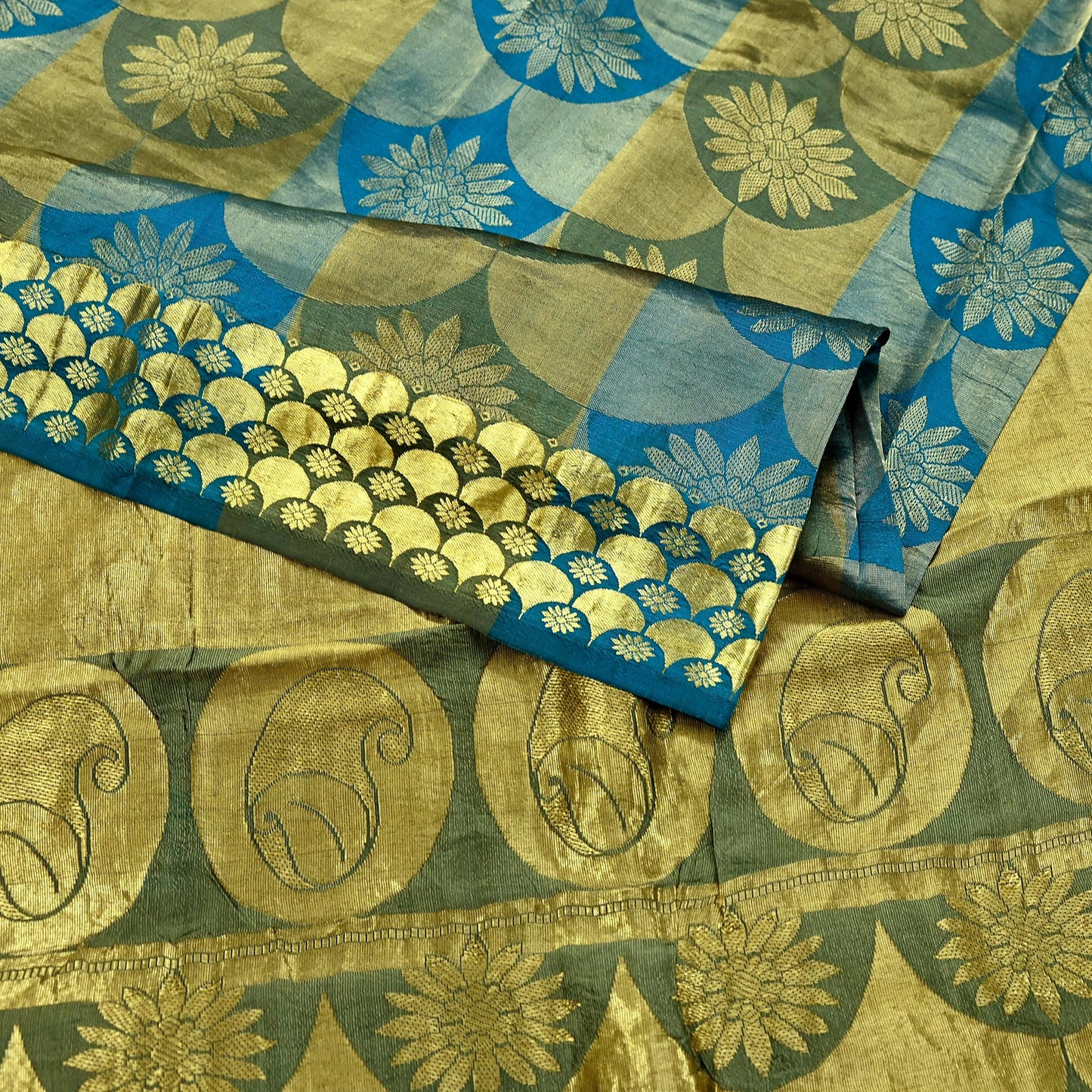 Indian Vintage Heavy Sari Green & Blue Kanjivaram Saree 100% Pure Silk Zari 6Yd Crafting Dress making For Crafting Quilting Upcycle