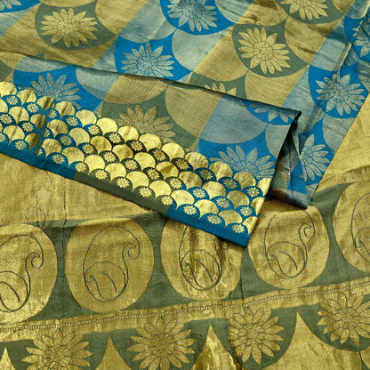 Indian Vintage Heavy Sari Green & Blue Kanjivaram Saree 100% Pure Silk Zari 6Yd Crafting Dress making For Crafting Quilting Upcycle