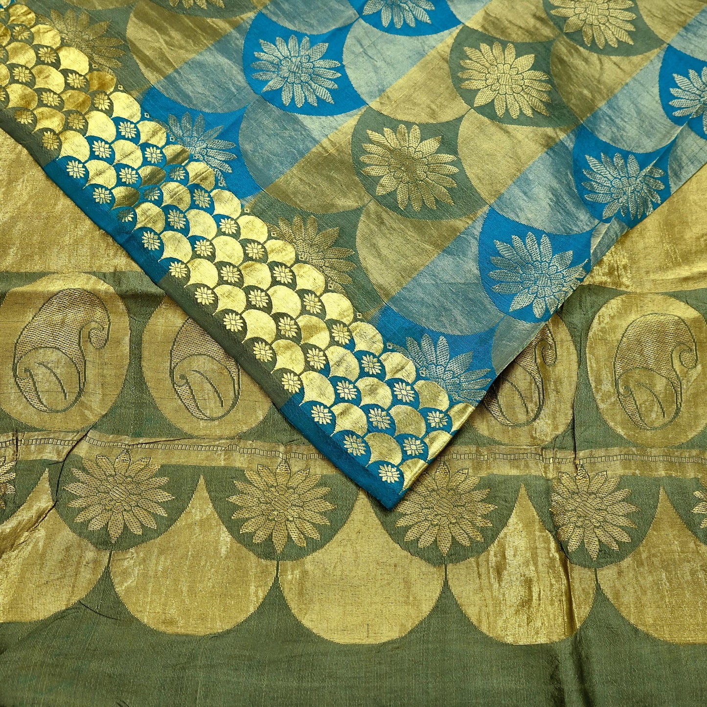 Indian Vintage Heavy Sari Green & Blue Kanjivaram Saree 100% Pure Silk Zari 6Yd Crafting Dress making For Crafting Quilting Upcycle