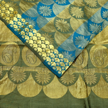 Indian Vintage Heavy Sari Green & Blue Kanjivaram Saree 100% Pure Silk Zari 6Yd Crafting Dress making For Crafting Quilting Upcycle