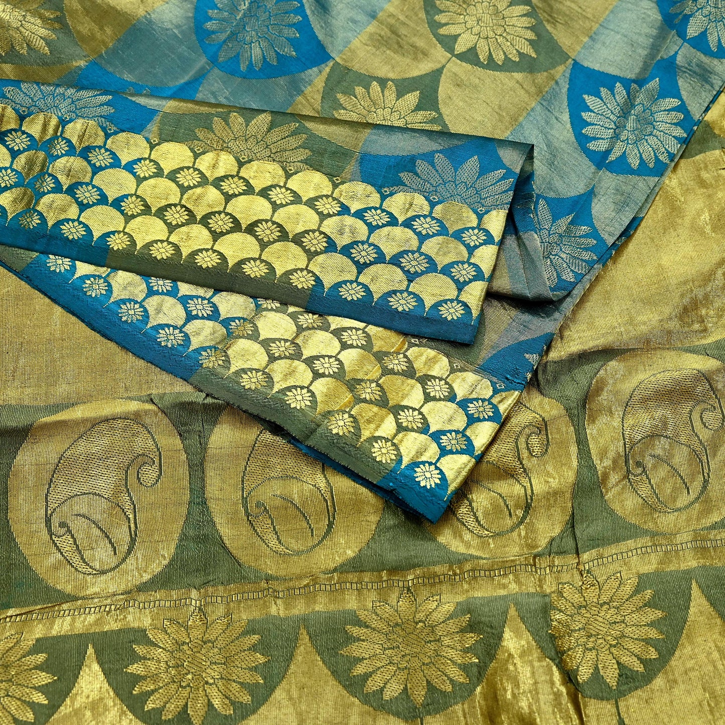 Indian Vintage Heavy Sari Green & Blue Kanjivaram Saree 100% Pure Silk Zari 6Yd Crafting Dress making For Crafting Quilting Upcycle