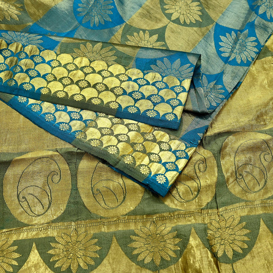 Indian Vintage Heavy Sari Green & Blue Kanjivaram Saree 100% Pure Silk Zari 6Yd Crafting Dress making For Crafting Quilting Upcycle