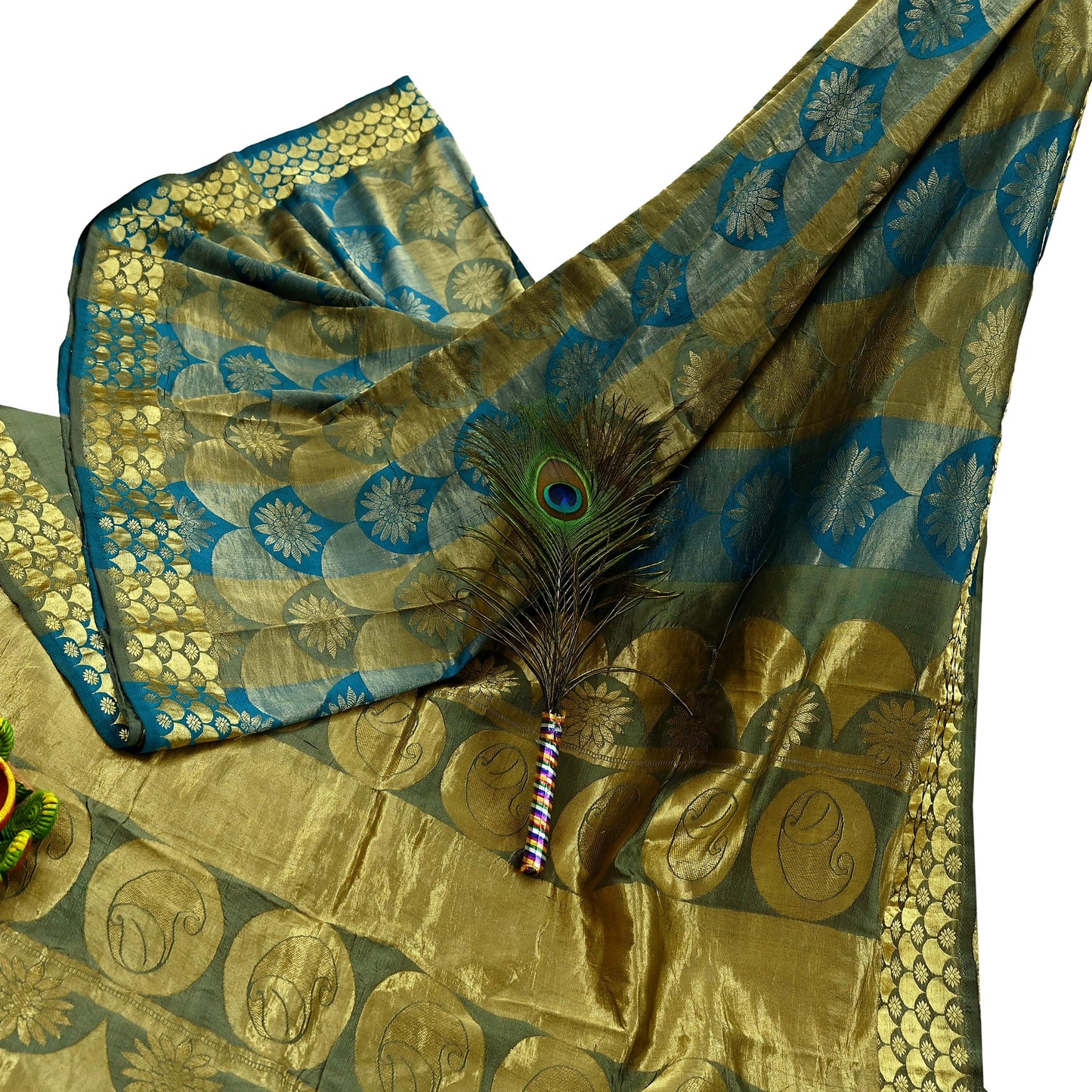 Indian Vintage Heavy Sari Green & Blue Kanjivaram Saree 100% Pure Silk Zari 6Yd Crafting Dress making For Crafting Quilting Upcycle