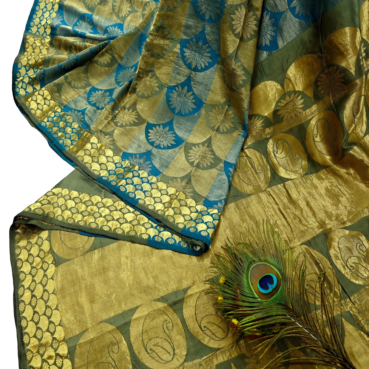 Indian Vintage Heavy Sari Green & Blue Kanjivaram Saree 100% Pure Silk Zari 6Yd Crafting Dress making For Crafting Quilting Upcycle