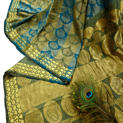 Indian Vintage Heavy Sari Green & Blue Kanjivaram Saree 100% Pure Silk Zari 6Yd Crafting Dress making For Crafting Quilting Upcycle