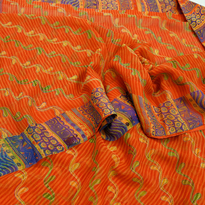 Indian Vintage Sari Orange Pure Georgette Silk Printed Sarees 6Yd Craft Fabric Sewing Light Weight Sari Quilting Dress making Crafting