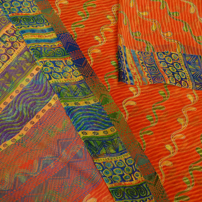 Indian Vintage Sari Orange Pure Georgette Silk Printed Sarees 6Yd Craft Fabric Sewing Light Weight Sari Quilting Dress making Crafting