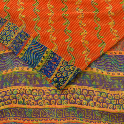 Indian Vintage Sari Orange Pure Georgette Silk Printed Sarees 6Yd Craft Fabric Sewing Light Weight Sari Quilting Dress making Crafting