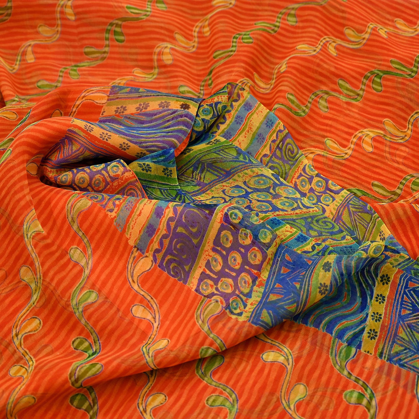 Indian Vintage Sari Orange Pure Georgette Silk Printed Sarees 6Yd Craft Fabric Sewing Light Weight Sari Quilting Dress making Crafting
