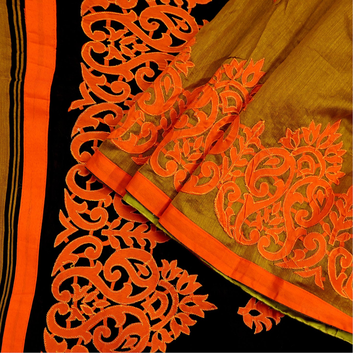 Indian Vintage Sari Black & Mustard Chanderi Embroidered Sarees 6Yd Craft Fabric Soft Sewing Sarong Dress Making Quilting Crafting