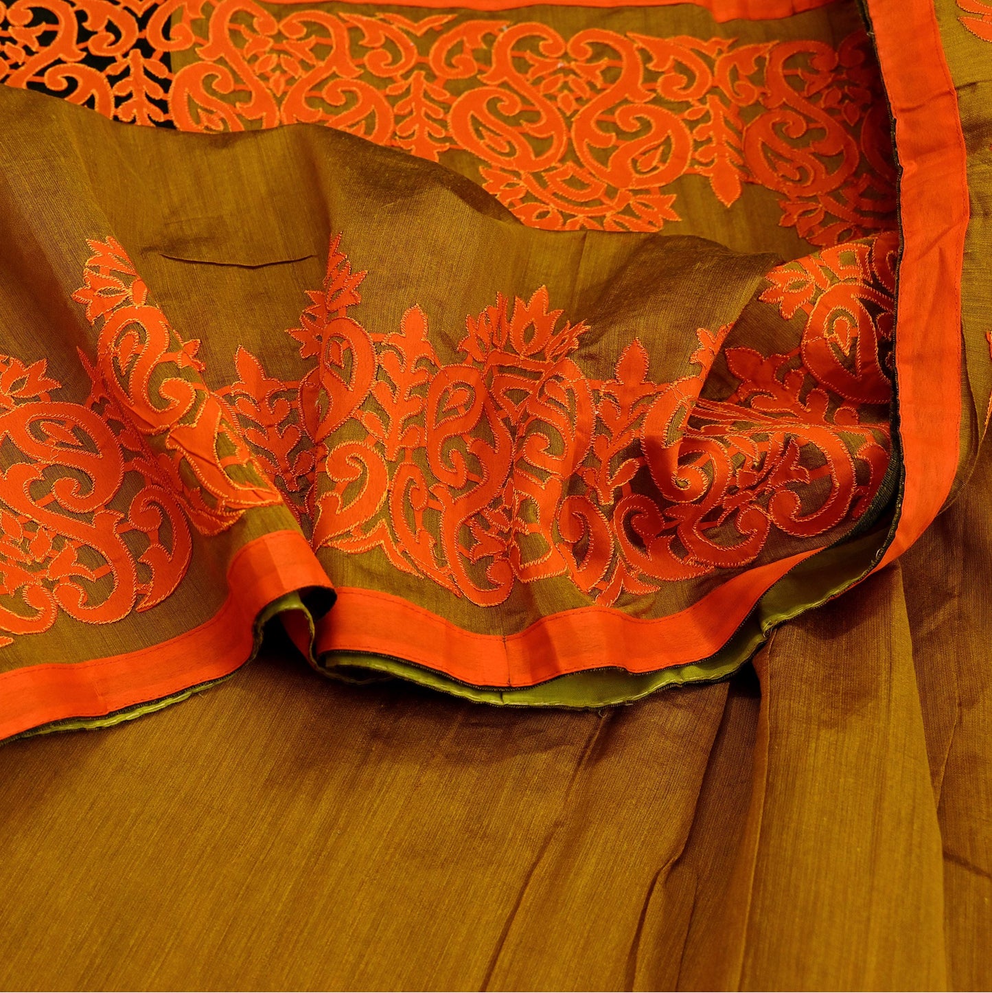 Indian Vintage Sari Black & Mustard Chanderi Embroidered Sarees 6Yd Craft Fabric Soft Sewing Sarong Dress Making Quilting Crafting
