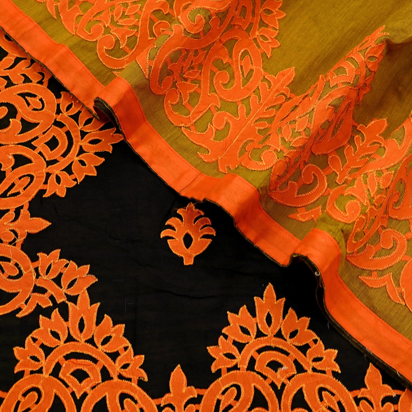 Indian Vintage Sari Black & Mustard Chanderi Embroidered Sarees 6Yd Craft Fabric Soft Sewing Sarong Dress Making Quilting Crafting