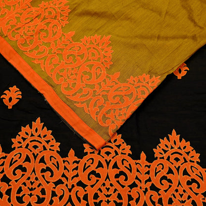 Indian Vintage Sari Black & Mustard Chanderi Embroidered Sarees 6Yd Craft Fabric Soft Sewing Sarong Dress Making Quilting Crafting