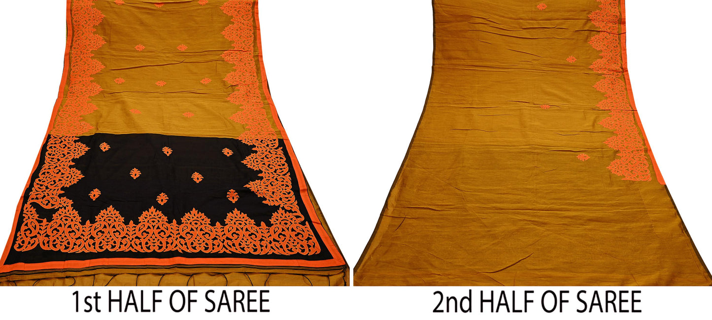 Indian Vintage Sari Black & Mustard Chanderi Embroidered Sarees 6Yd Craft Fabric Soft Sewing Sarong Dress Making Quilting Crafting