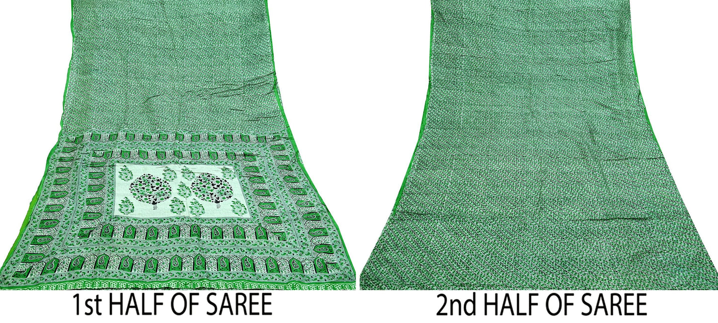 Indian Vintage Sari Green 100% Pure Silk Printed Sarees 5yd Craft Fabric Sewing Soft Dress Making Floral Quilting Crafting Upcycle Used