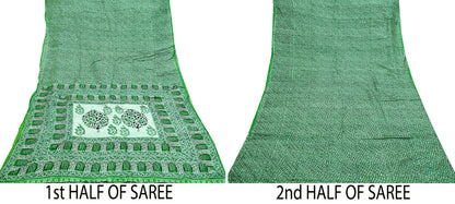 Indian Vintage Sari Green 100% Pure Silk Printed Sarees 5yd Craft Fabric Sewing Soft Dress Making Floral Quilting Crafting Upcycle Used