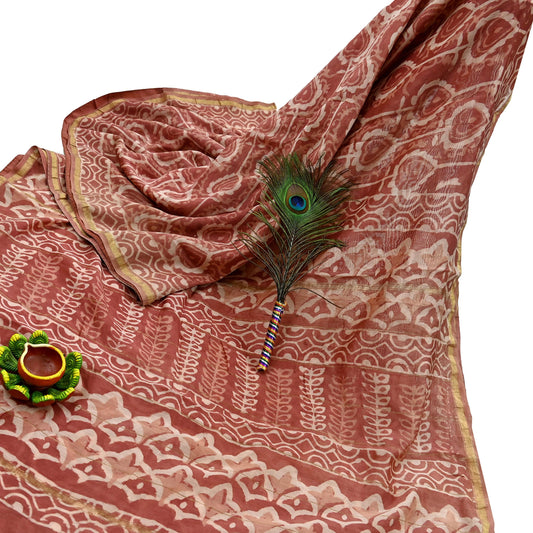 Indian Vintage Brown Block Printed Pure Chanderi Silk Saree Floral Zari Border 6 Yards Soft Craft Fabric for Upcycling, Dressmaking,