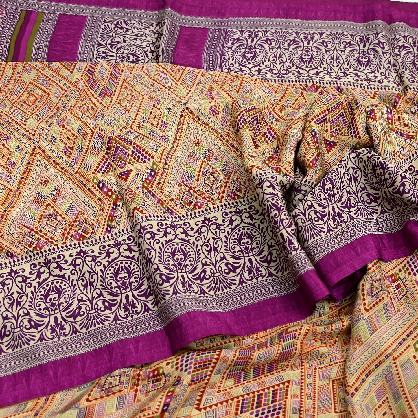 Indian Vintage Saree Purple & Beige Moss Crepe Printed Sari | 5 Yards | Floral Soft Fabric for Sewing, Dressmaking, Crafting, Quilting