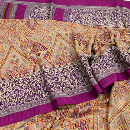 Indian Vintage Saree Purple & Beige Moss Crepe Printed Sari | 5 Yards | Floral Soft Fabric for Sewing, Dressmaking, Crafting, Quilting