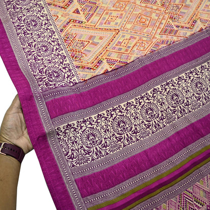 Indian Vintage Saree Purple & Beige Moss Crepe Printed Sari | 5 Yards | Floral Soft Fabric for Sewing, Dressmaking, Crafting, Quilting