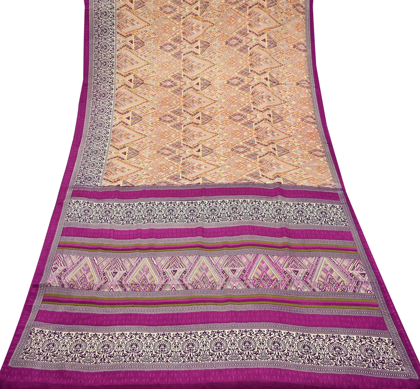 Indian Vintage Saree Purple & Beige Moss Crepe Printed Sari | 5 Yards | Floral Soft Fabric for Sewing, Dressmaking, Crafting, Quilting