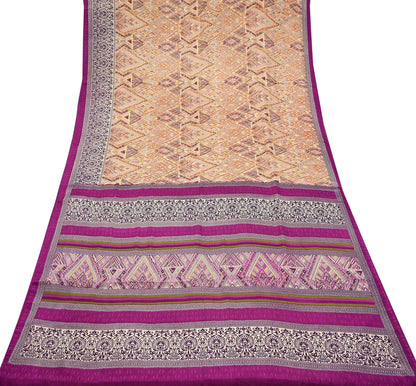 Indian Vintage Saree Purple & Beige Moss Crepe Printed Sari | 5 Yards | Floral Soft Fabric for Sewing, Dressmaking, Crafting, Quilting