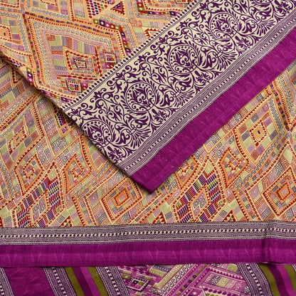 Indian Vintage Saree Purple & Beige Moss Crepe Printed Sari | 5 Yards | Floral Soft Fabric for Sewing, Dressmaking, Crafting, Quilting