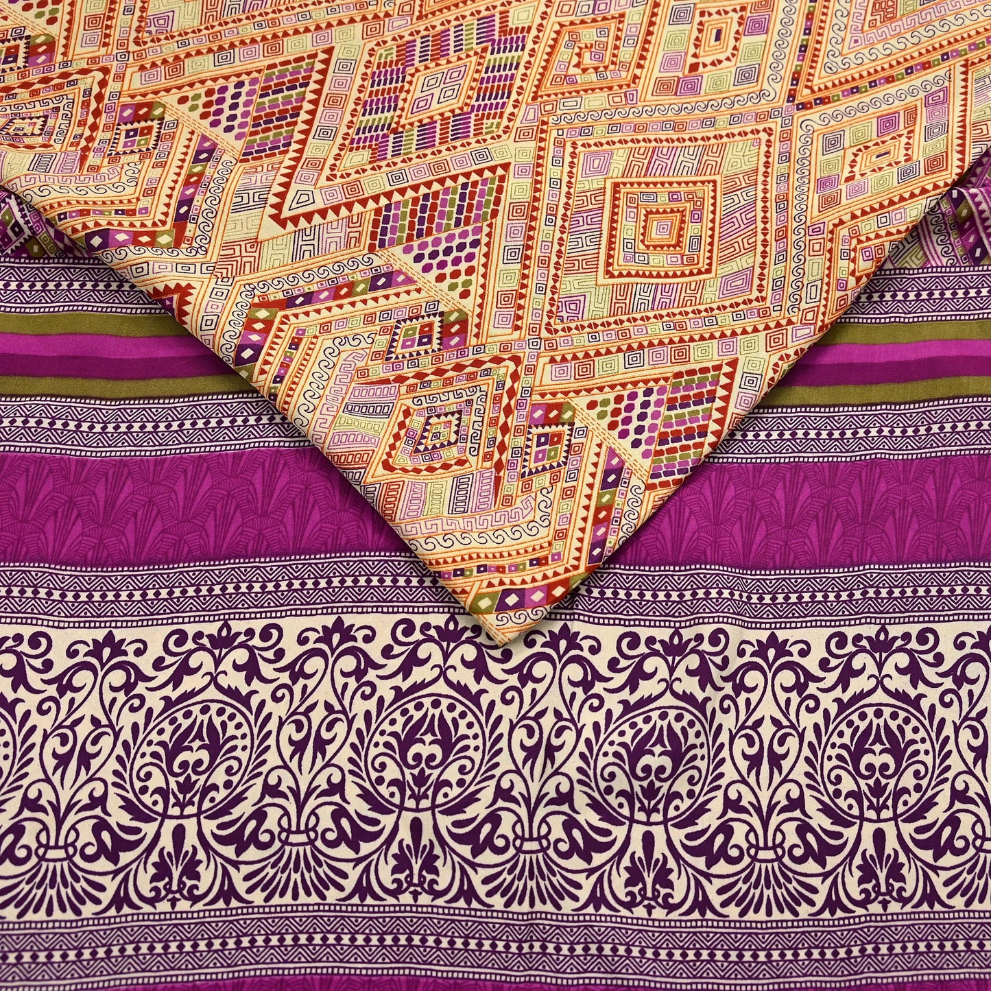 Indian Vintage Saree Purple & Beige Moss Crepe Printed Sari | 5 Yards | Floral Soft Fabric for Sewing, Dressmaking, Crafting, Quilting