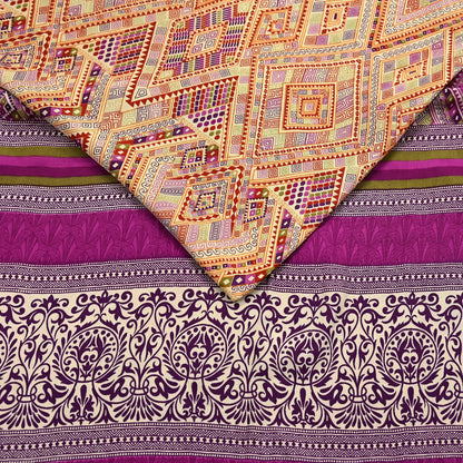 Indian Vintage Saree Purple & Beige Moss Crepe Printed Sari | 5 Yards | Floral Soft Fabric for Sewing, Dressmaking, Crafting, Quilting