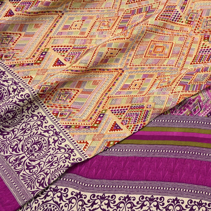 Indian Vintage Saree Purple & Beige Moss Crepe Printed Sari | 5 Yards | Floral Soft Fabric for Sewing, Dressmaking, Crafting, Quilting