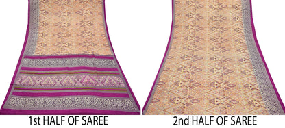 Indian Vintage Saree Purple & Beige Moss Crepe Printed Sari | 5 Yards | Floral Soft Fabric for Sewing, Dressmaking, Crafting, Quilting