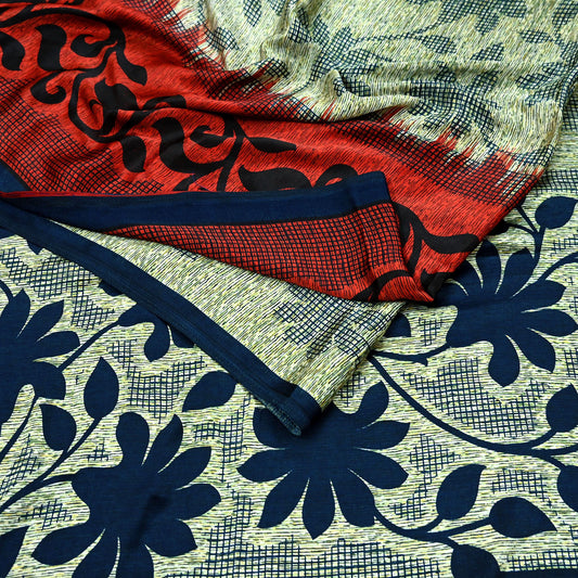 Indian Vintage Saree Blue & Ivory Satin Printed Sari 6yd Sewing Floral Soft Craft Fabric Dressmaking For Crafting Quilting Upcycle