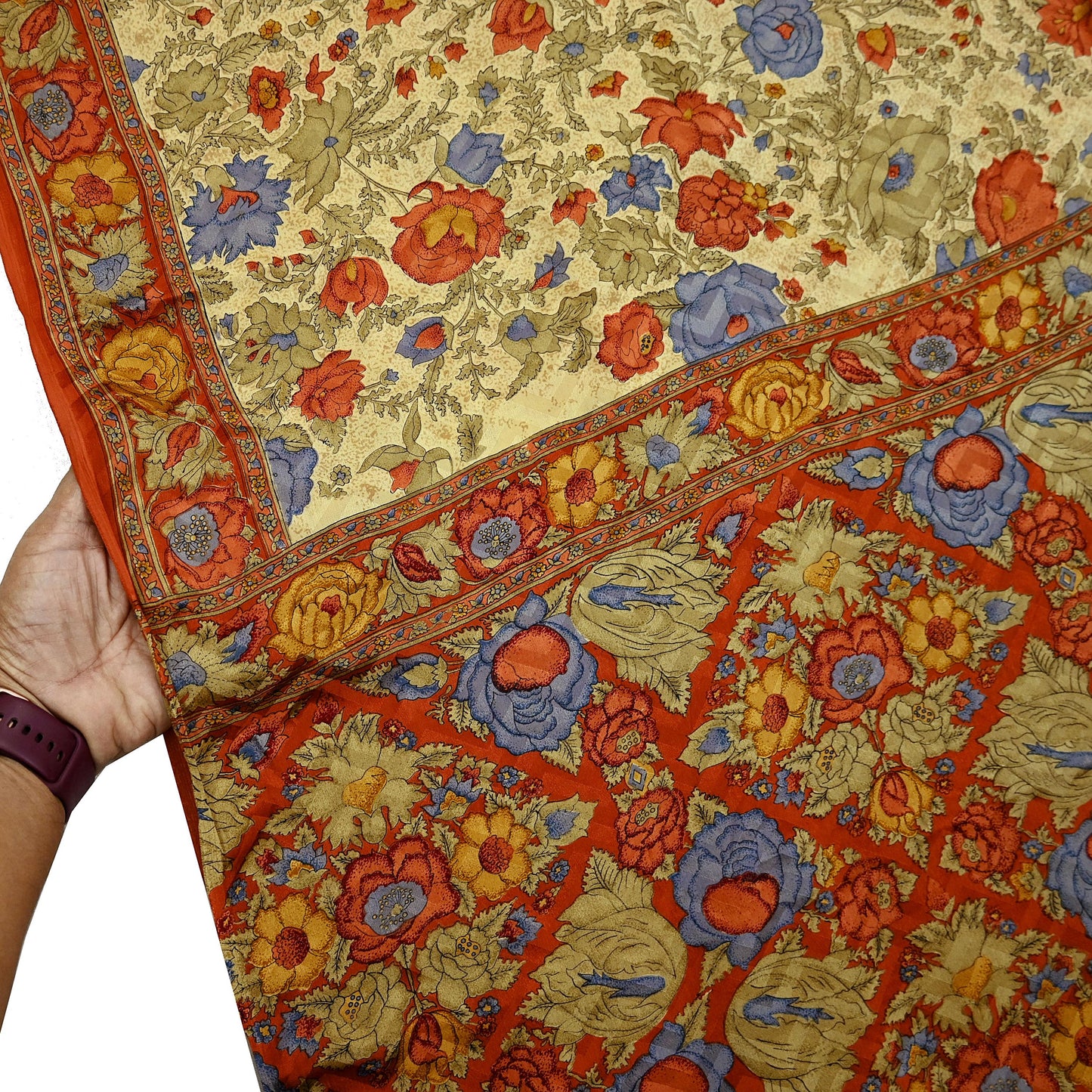 Indian Vintage Sari Beige & Orange Pure Crepe Silk Block Printed Sarees 5yd Sewing Soft Craft Fabric Wrap Dress making Crafting Quilting