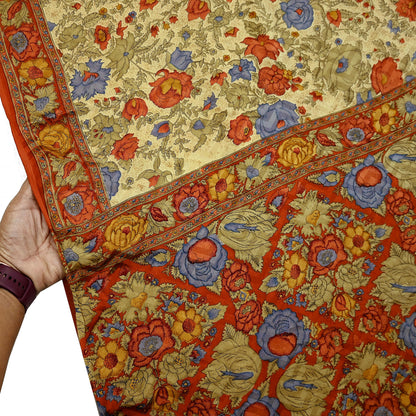 Indian Vintage Sari Beige & Orange Pure Crepe Silk Block Printed Sarees 5yd Sewing Soft Craft Fabric Wrap Dress making Crafting Quilting