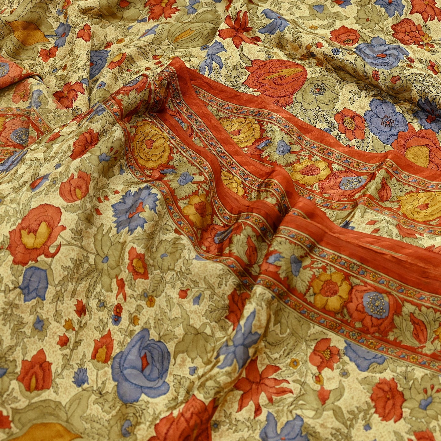 Indian Vintage Sari Beige & Orange Pure Crepe Silk Block Printed Sarees 5yd Sewing Soft Craft Fabric Wrap Dress making Crafting Quilting