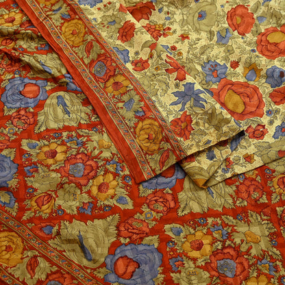 Indian Vintage Sari Beige & Orange Pure Crepe Silk Block Printed Sarees 5yd Sewing Soft Craft Fabric Wrap Dress making Crafting Quilting