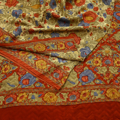 Indian Vintage Sari Beige & Orange Pure Crepe Silk Block Printed Sarees 5yd Sewing Soft Craft Fabric Wrap Dress making Crafting Quilting