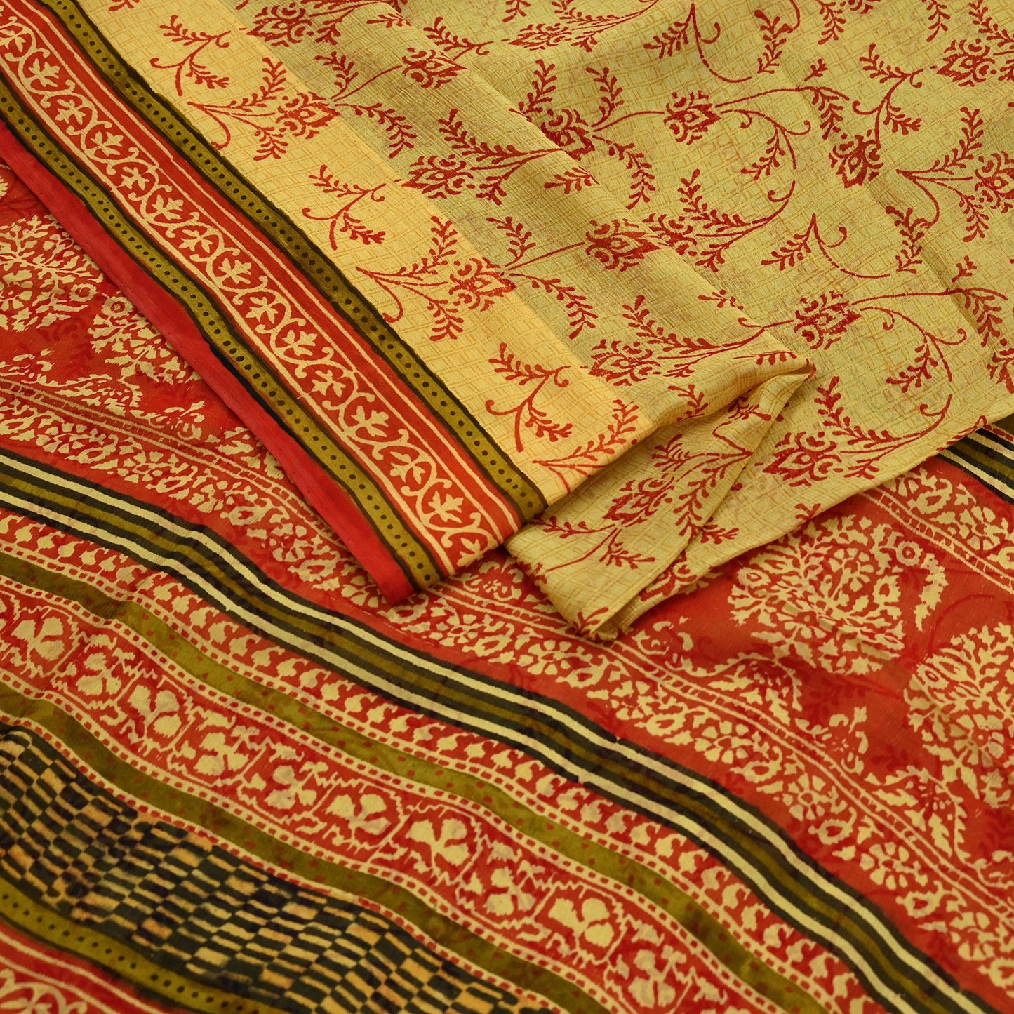 Vintage Sari Yellow & Red 100% Pure Chiffon Silk Printed Sarees Sewing 5yd Craft Fabric Soft Dress Designing for Crafting Floral